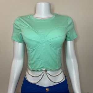 Green mint cropped shirt short sleeve padded cups and rhinestones decor